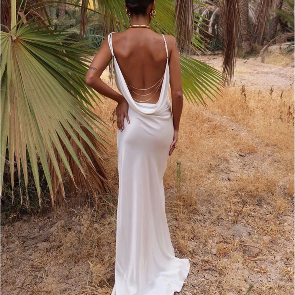 Rat & Boa White Backless Cowl-Back Satin Maxi Dress